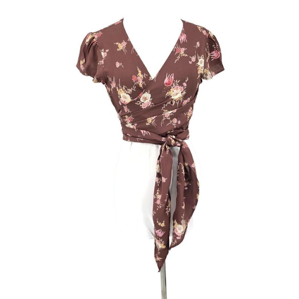 New Flynn Skye Thats A Wrap Top Womens XS Mauve Cream Floral Rayon Crop
